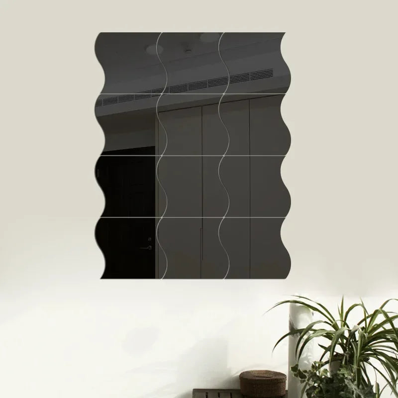Modern Artistic Wall Panels Set - 3D Mirror Mosaic Stickers for Home/Office Interior Design (Wave Pattern) - Black