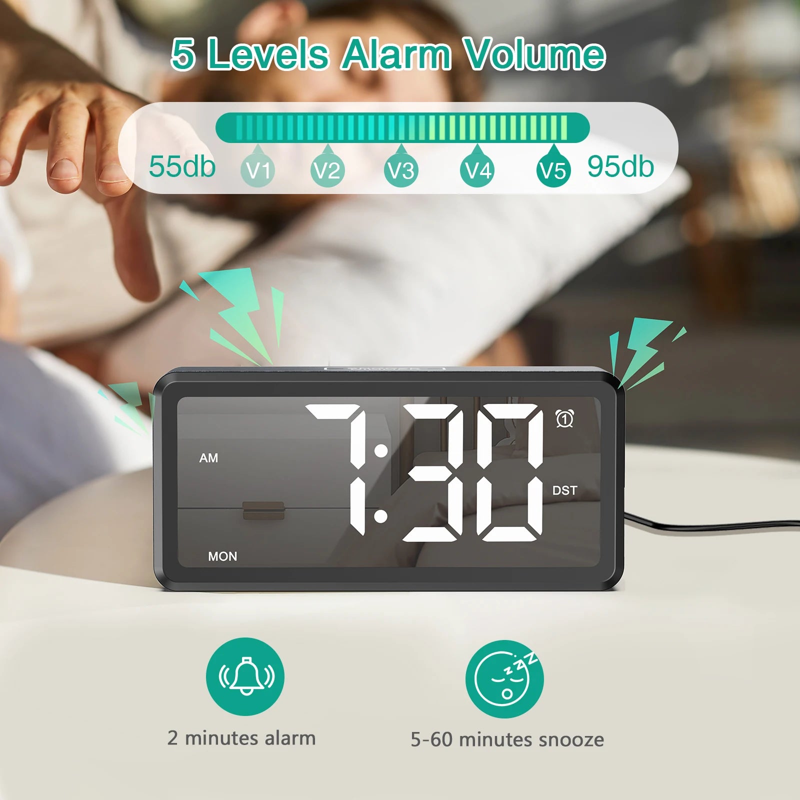 ORIA Wooden Grain Alarm Clock Digital LED Clock with Dual Alarm Desktop Alarm Clock with DST 12/24H Snooze for Home