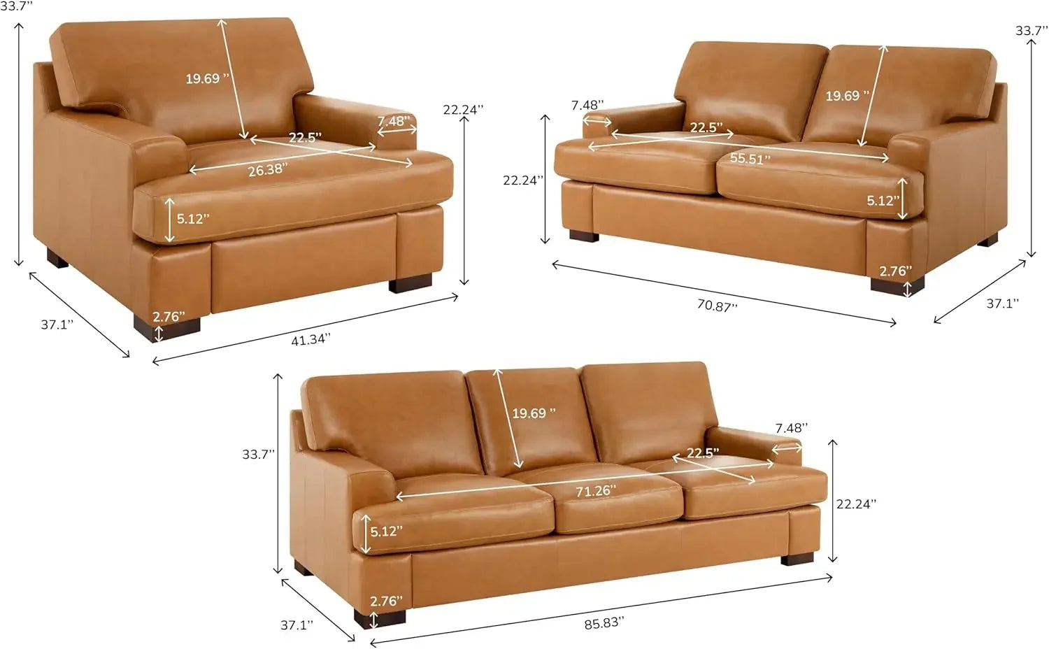 Hot salesSiggy Genuine Leather Sofa - Set of 3 Luxurious Comfort Goose Feather Cushion Filling Square Arm Design Sturdy