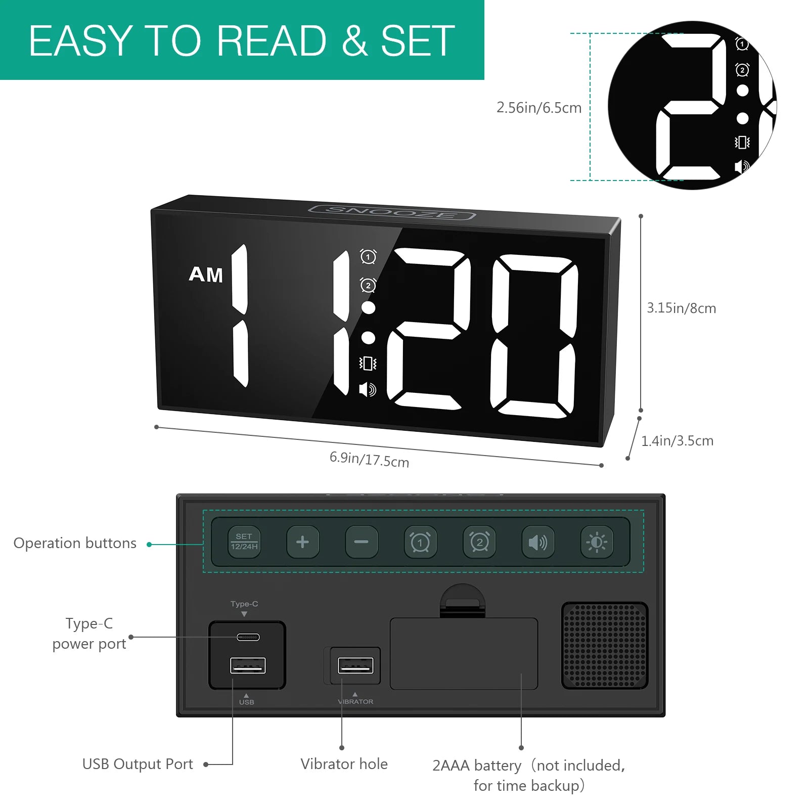 ORIA Vibrating Alarm Clock 7.5’’ Large Display LED Clock Loud Alarm Clock with Bed Shaker for Heavy Sleepers Hearing