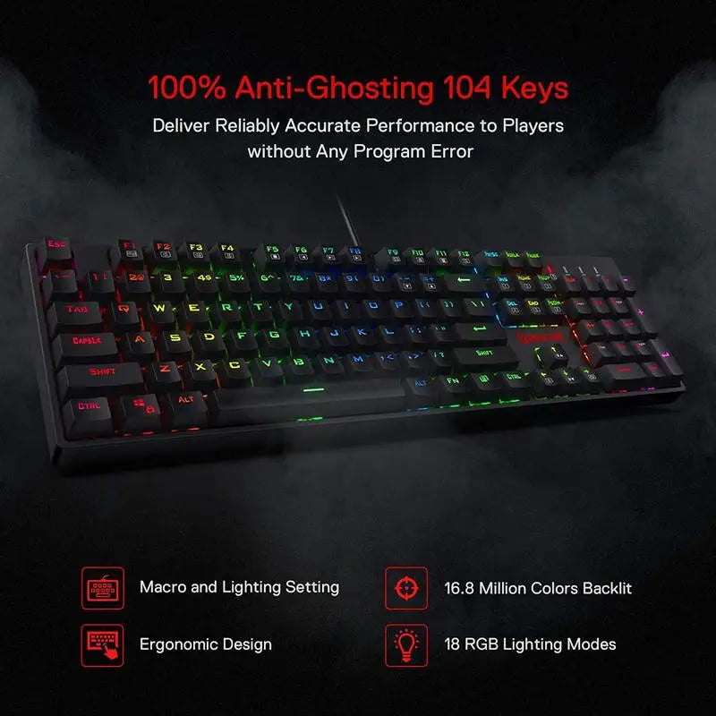 Redragon K582 SURARA RGB LED Backlit Mechanical Gaming Keyboard with 104 Keys-Linear and Quiet-Red Switches - Desktop