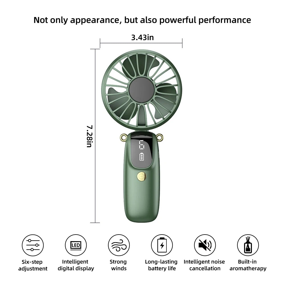 2PCS Mini Handheld Fan 6 Speed USB Rechargeable Portable Foldable Desk Neck Hanging Fan with Phone Stand - green