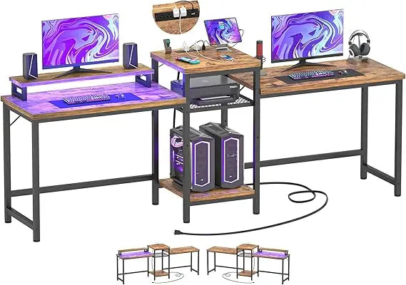 double computer desk with led strip and power outlet 2 person desk with monitor stand and storage ergonomic computer