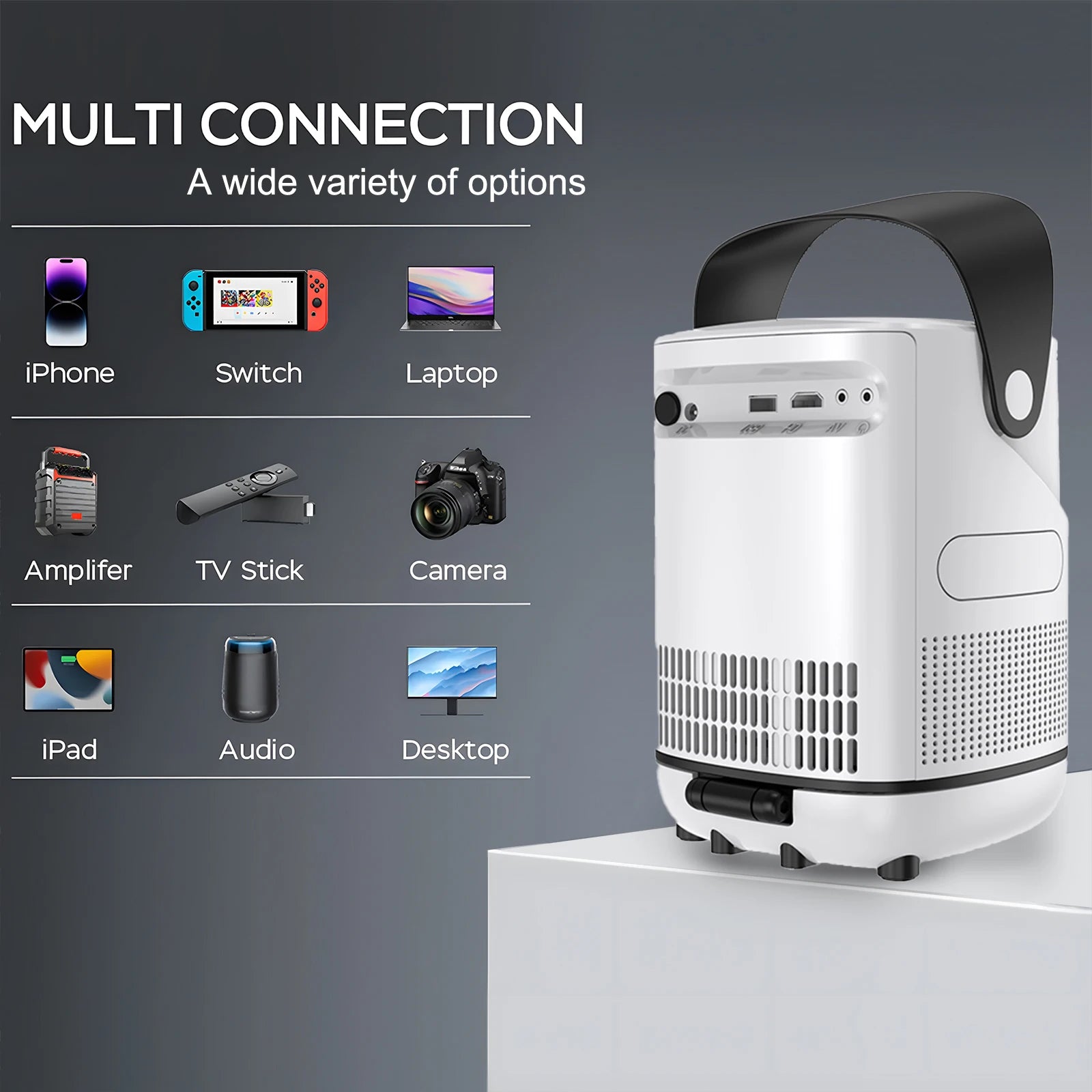 Portable Android Native 1080p Projector Support 4K 180°Adjustable Stand Wall Mount Design Wifi Bluetooth HDMI,USB,PC