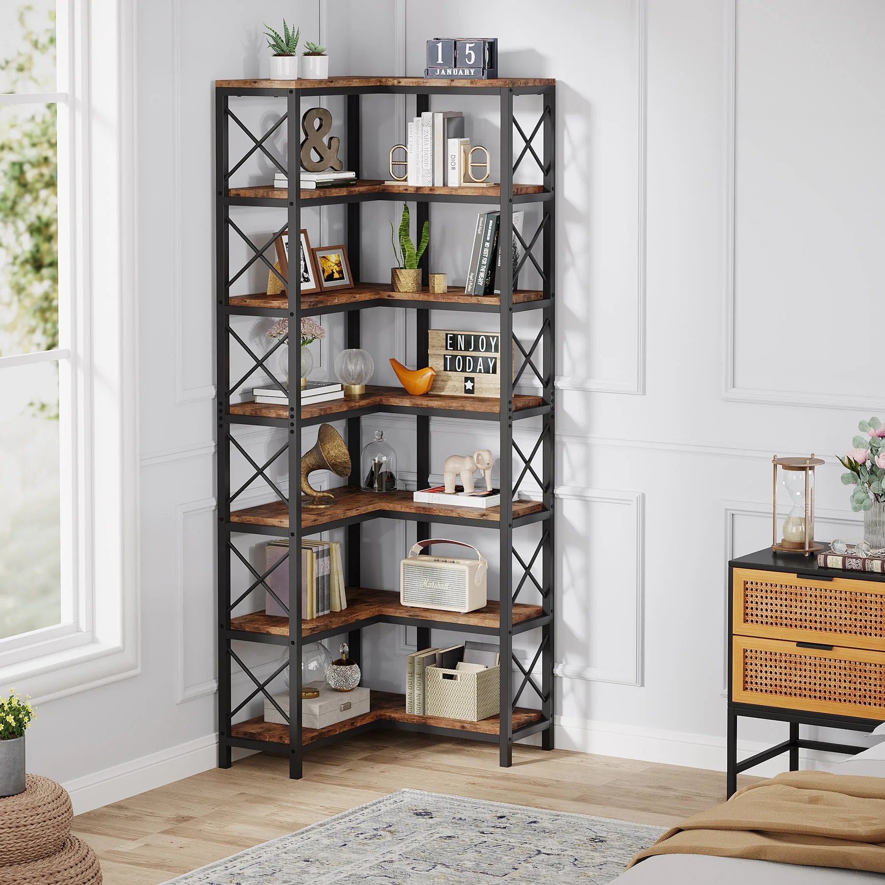 Tribesigns 7-Shelf Corner Bookshelf,Large Modern Corner Bookcase 7-Tier Tall Corner Shelf Storage Display Rack