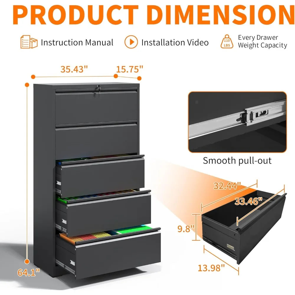 Locking File Cabinet with 5 Drawer Heavy Duty Large Metal Filing Cabinet Home Office Secure Lateral Organizer w/ Wheels