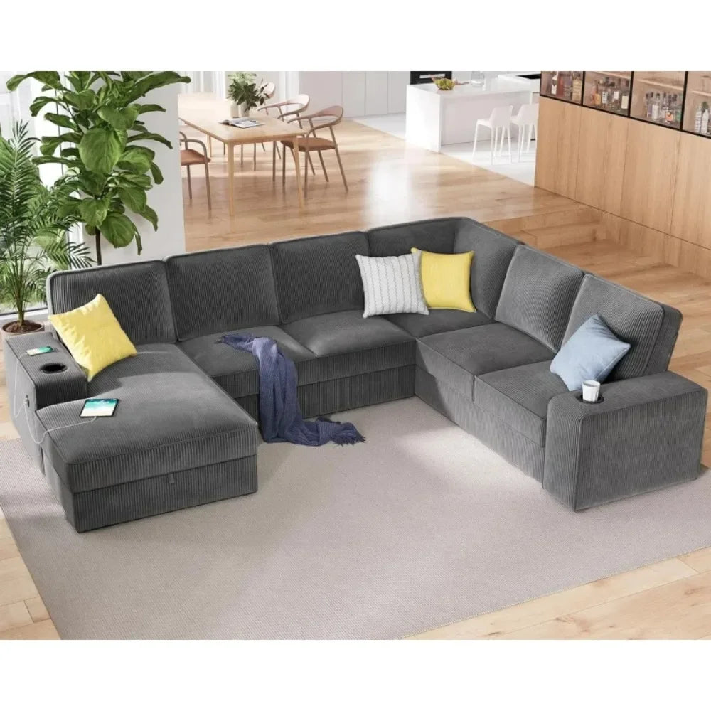 112 Inch Sectional,Oversized Storage Chaise,U Shaped Sofa with USB Ports,Corduroy Couch—Grey