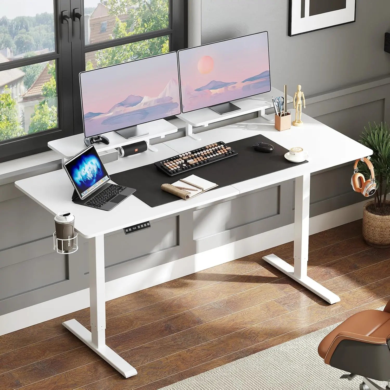 Standing Desk w/ 2 Adjustable Monitor Shelves,Electric Stand Up Desk with Memory Controller & Adjustable Height - 71