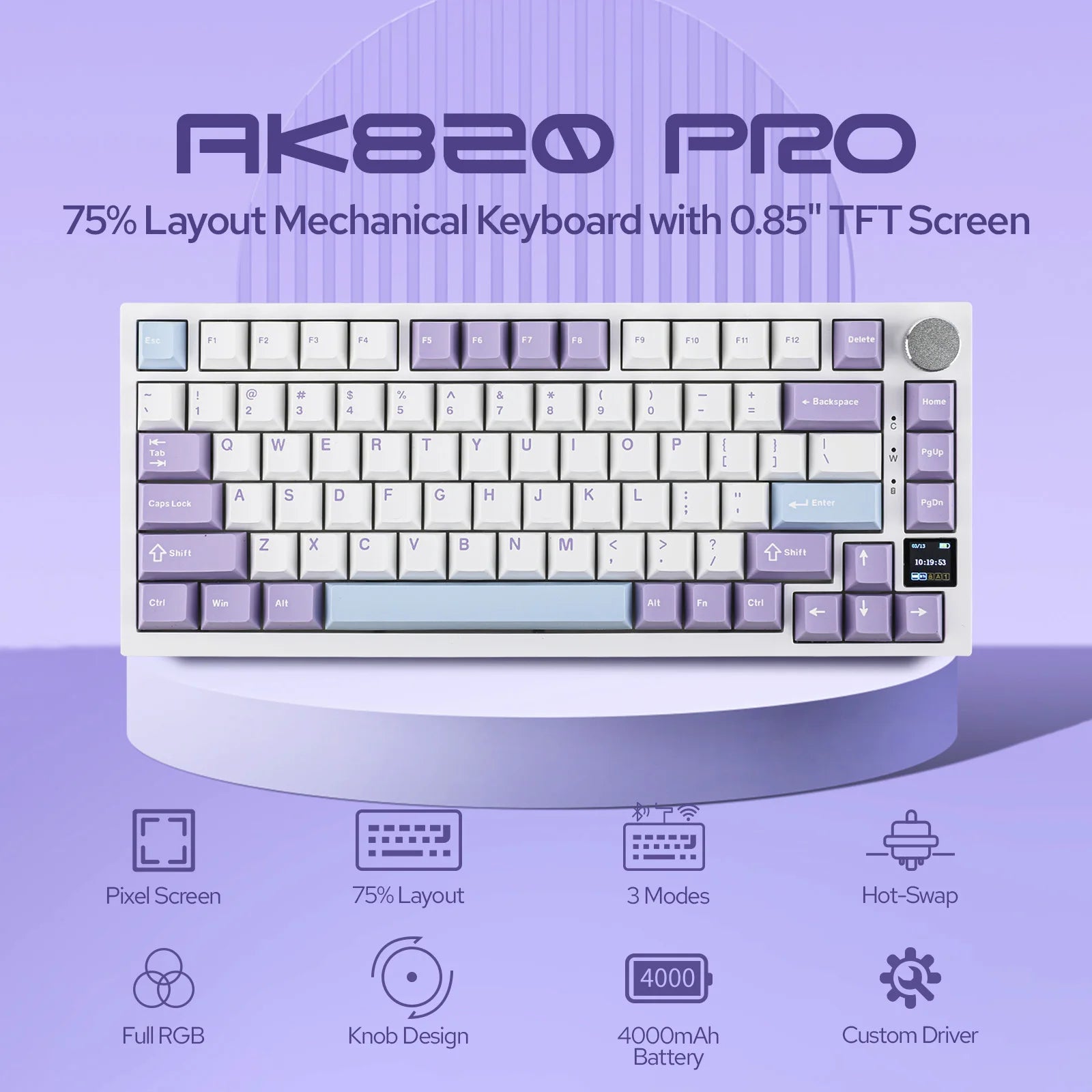 Ajazz AK820 Pro 75% ANSI Layout Hot-Swap Gasket-Mounted Wired/Bluetooth/2.4GHz Wireless Mechanical Keyboard with TFT