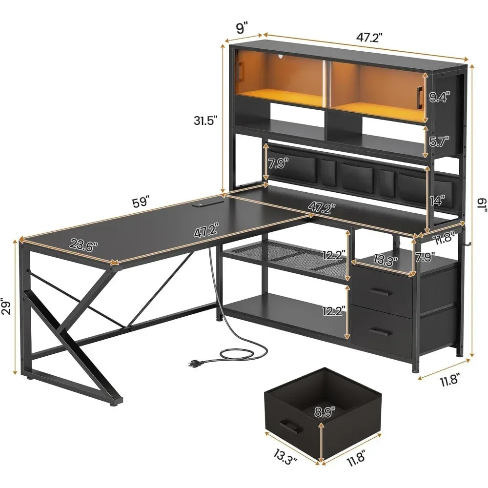 L Shaped Gaming Desk Home Office Computer Desk with 2 Drawer and Bookshelf L Shaped Gaming Desk with LED Light Glass
