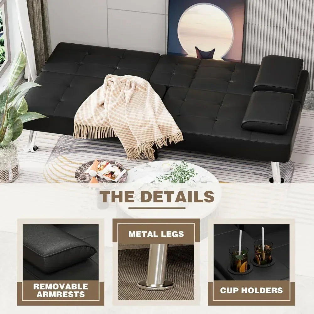 Futon Sofa Bed Leather Futon Couch with Removable Armrests Adjustable Recliner Sleeper Sofa Bed with Dual Cup Holders