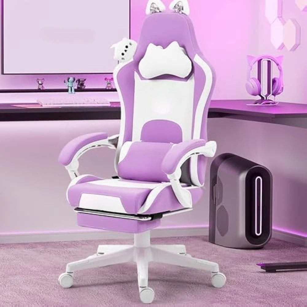 Gaming Chair Cute w/Cat Ears and Massage Lumbar Support 290lbs Ergonomic Computer Chair for Girl with Footrest