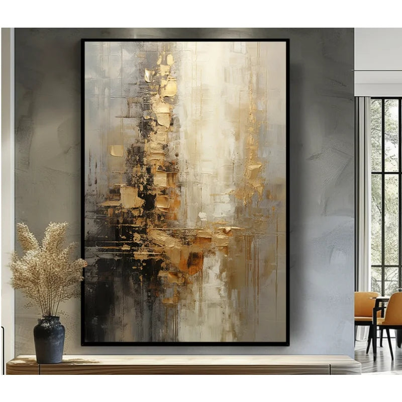 100% Hand Painted，Gold Grey Beige Black,Textured Painting Acrylic Abstract Oil Painting Wall Decor Living Room Office
