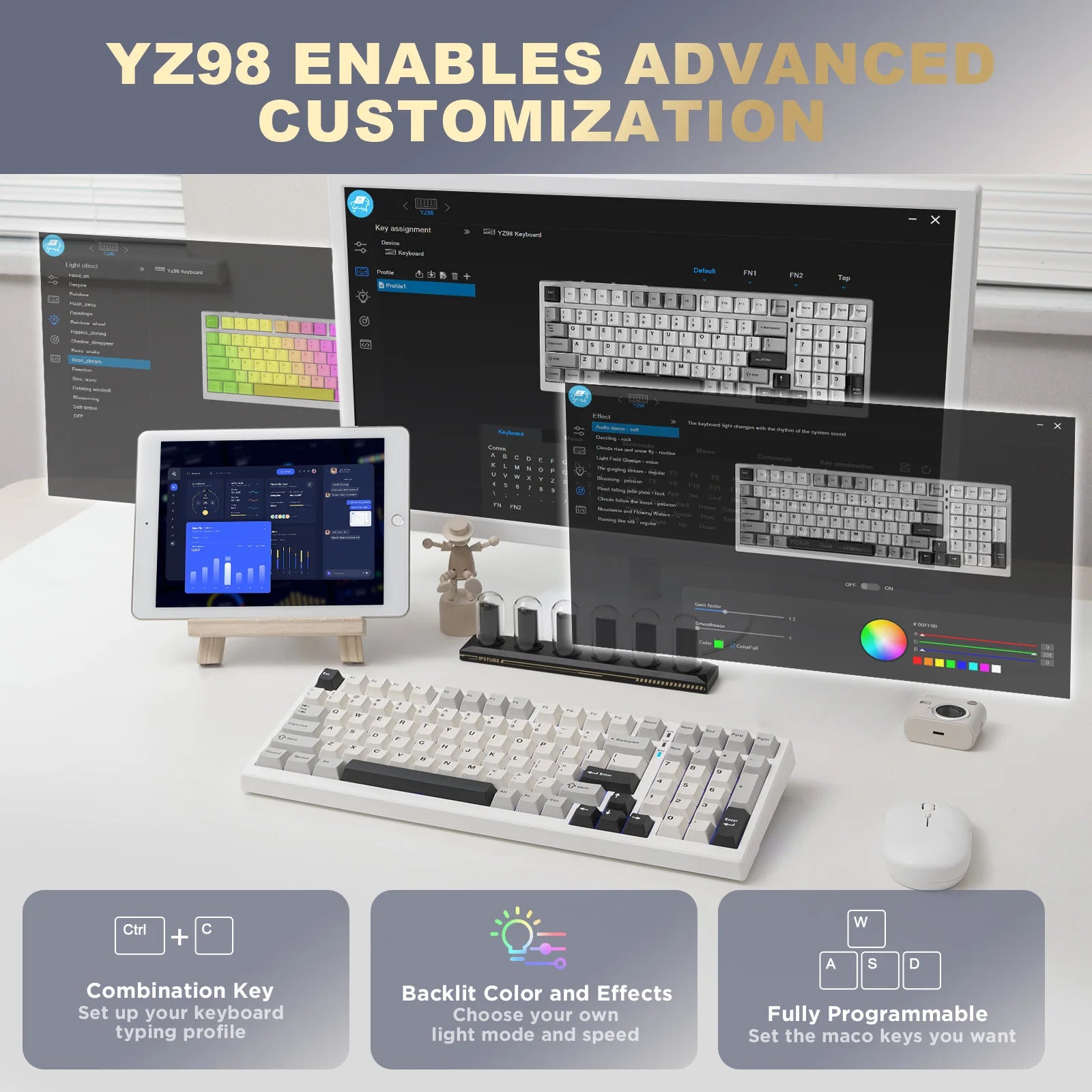 YUNZII YZ98 White Full Size Mechanical Gaming Keyboard Vintage 99 Keys Hot Swap Gasket 98% Layout Wireless RGB Backlit