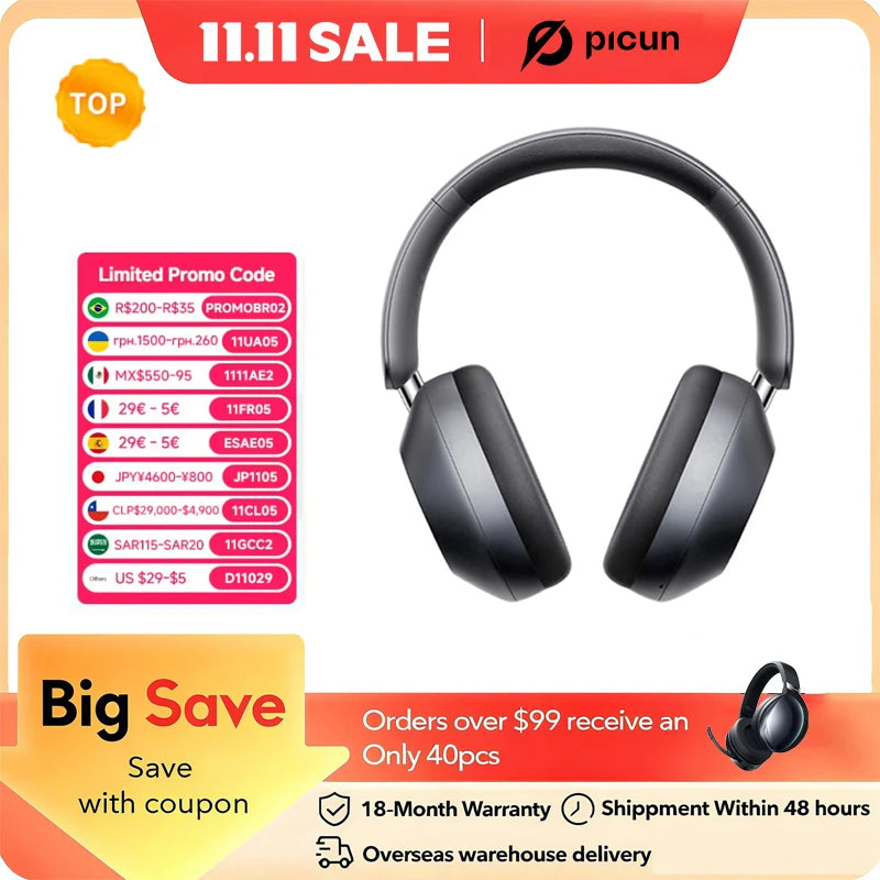 Picun F6 Active Noise Cancelling Wireless Headphones Head Tracking 3D Audio 40mm Hi-Res ANC Bluetooth Headset HIFI APP