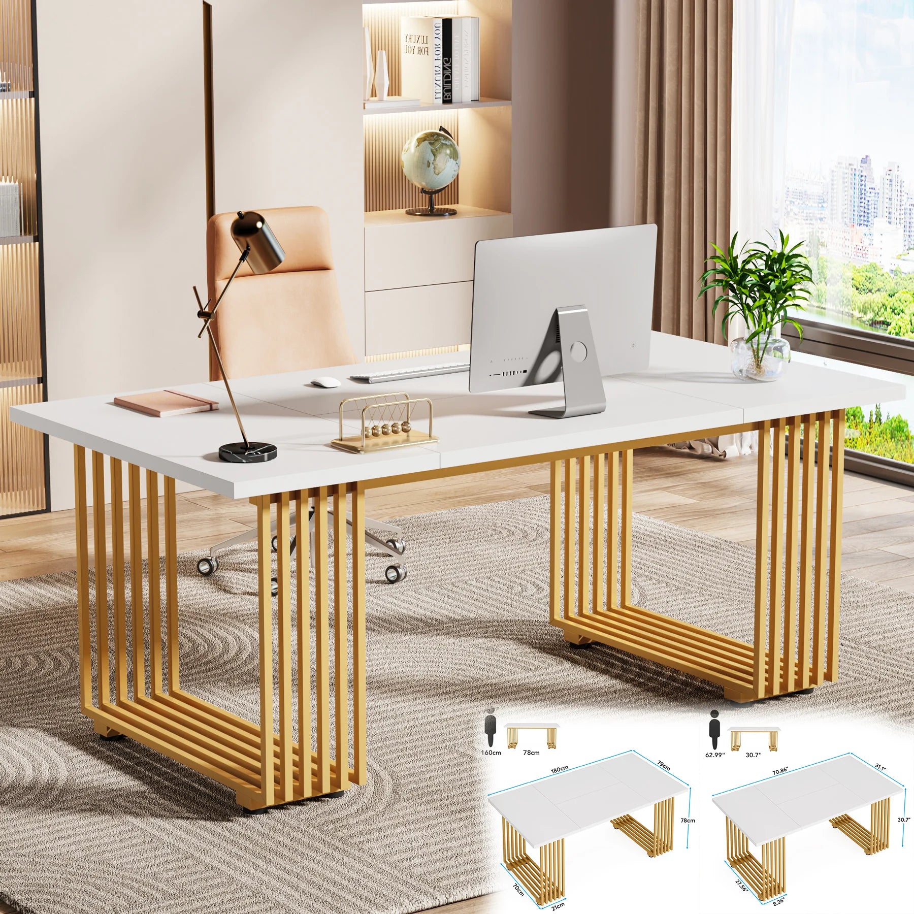 Tribesigns Modern Office Desk 70.9’’ Wooden Computer Desk,Executive Desk with Gold Metal Legs Large Workstation Home