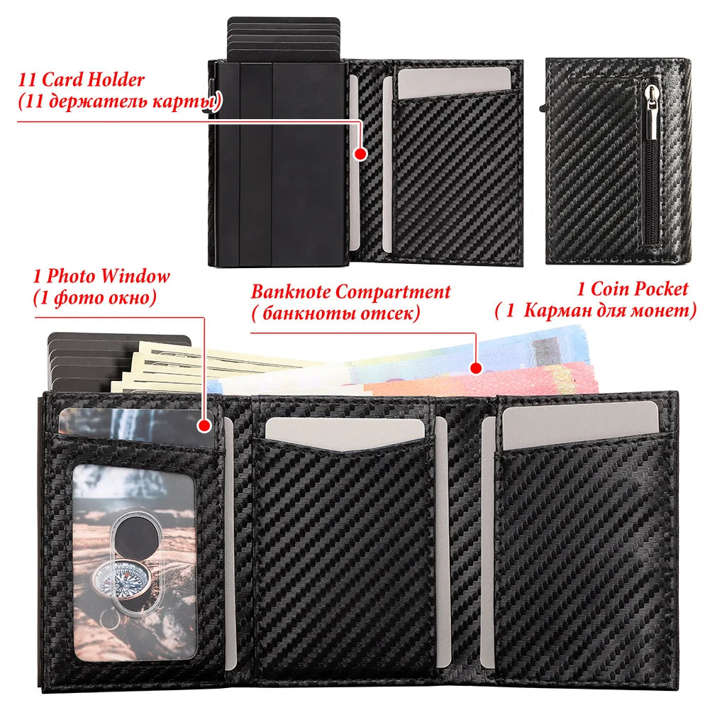 Carbon fiber Men Wallet with Aluminum Card Holder Case RFID Blocking Automatic Pop Up Cardholder Purse Business Male