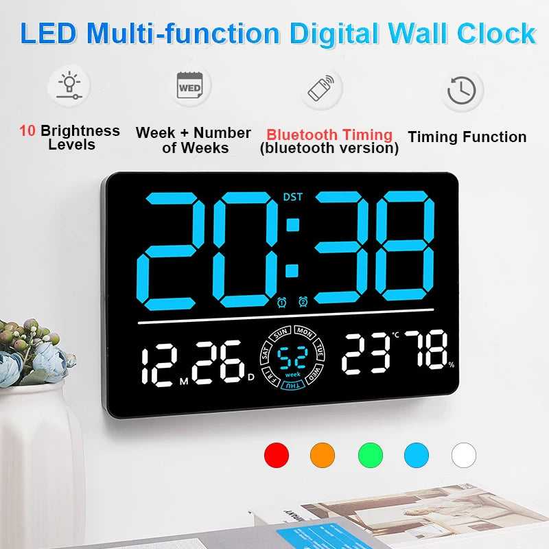 Large Digital Wall Clock 10 Brightness Adjustment Dual Alarm LED Clocks Week + Number of Weeks Alarm Clock with Timing