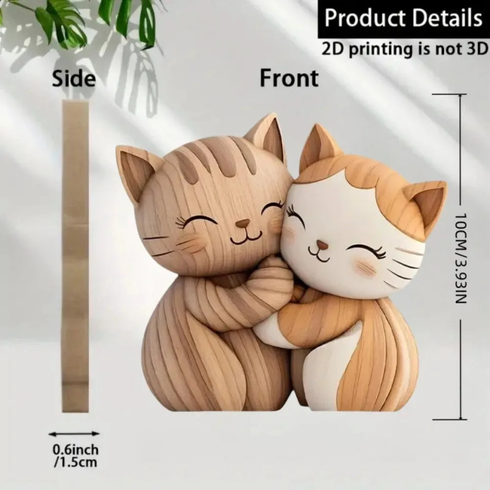 Wooden Kitten Dog Couple Sculpture 2D Flat Cat Rabbit Gift Light Dark Wood Grain Desktop Entrance Home Decor Decorative