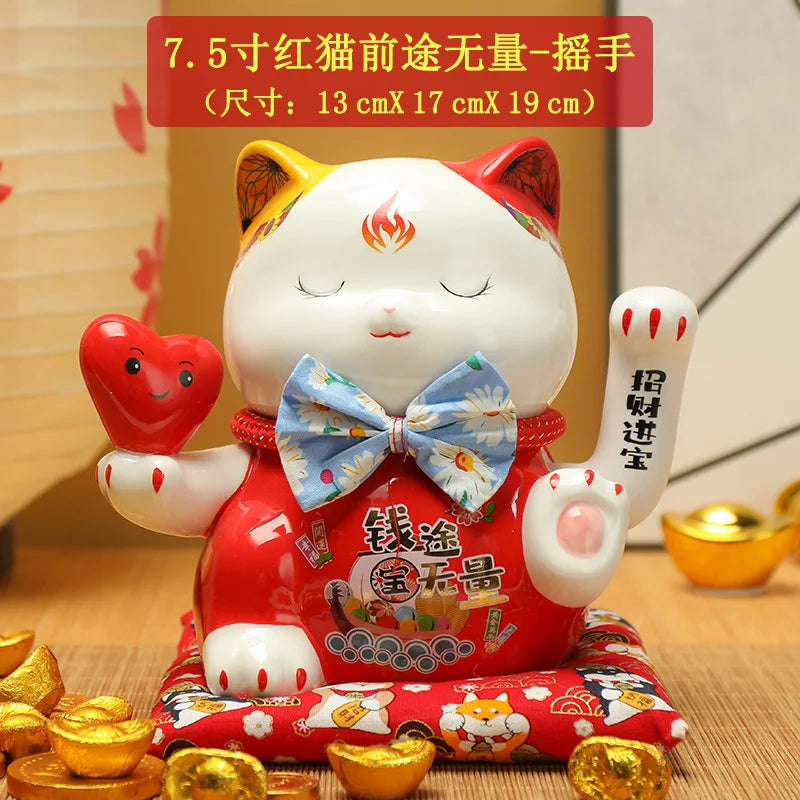 7.5inch Ceramic Beckoning Cat Maneki Neko Ornament Feng Shui Decoration Swing Lucky Cat Cashier Recruitment Cat Desk