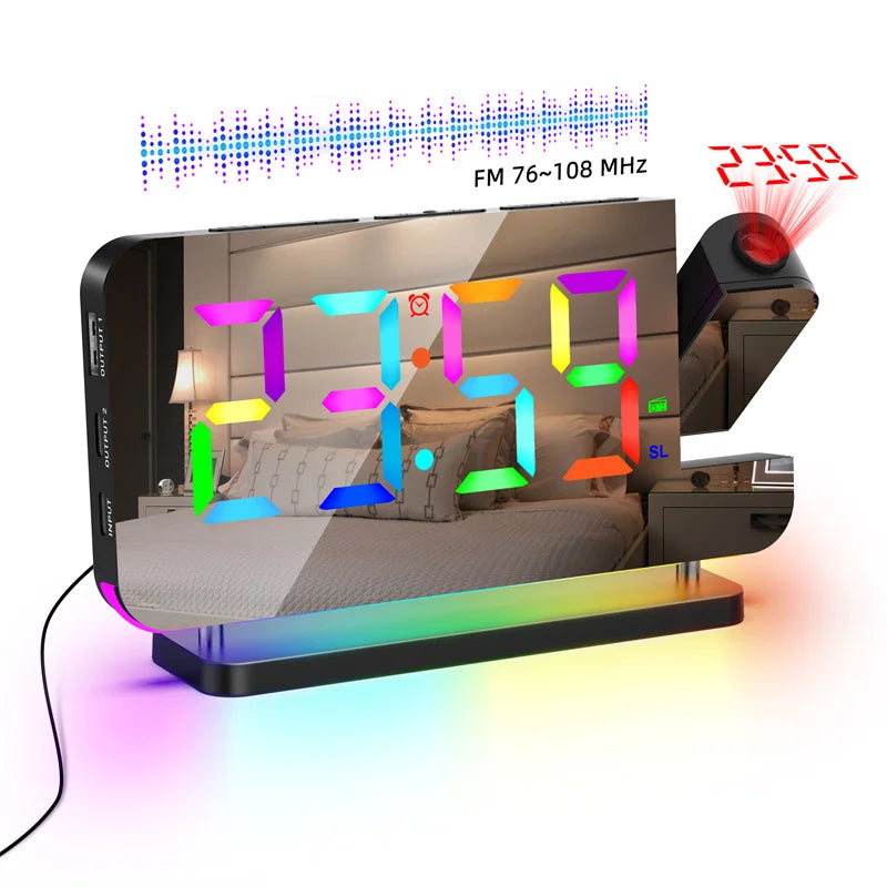 FM Radio 180° Projection Alarm Clock RGB With RGB Night Light 6 Levels Brightness Dual USB Output Port 12H/24H Digital