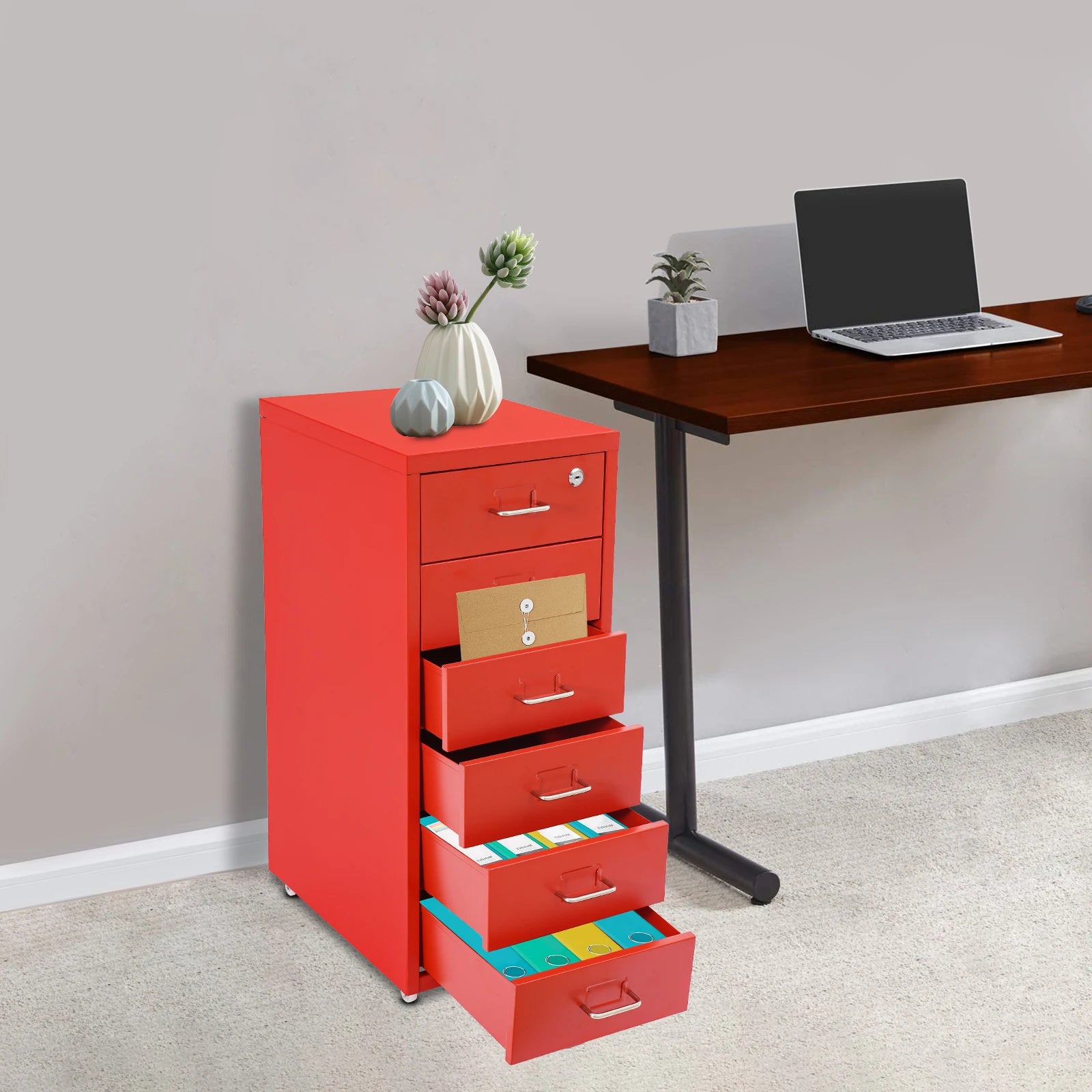 6-Drawers Mobile File Cabinet With Lock 4* Wheels Steel Vertical Filing Cabinet Office Cabinet Indoor Side Cabinet