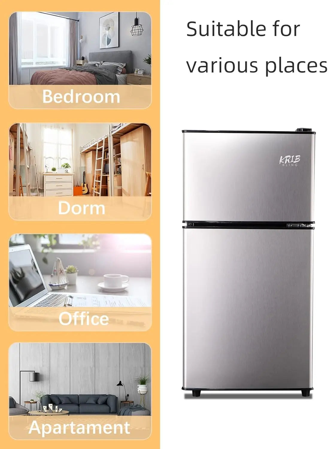 KRIB BLING Mini Fridge with Freezer on Top 3.5 Cu.Ft Compact Refrigerator with 7 Levels Adjustable Thermostat Small