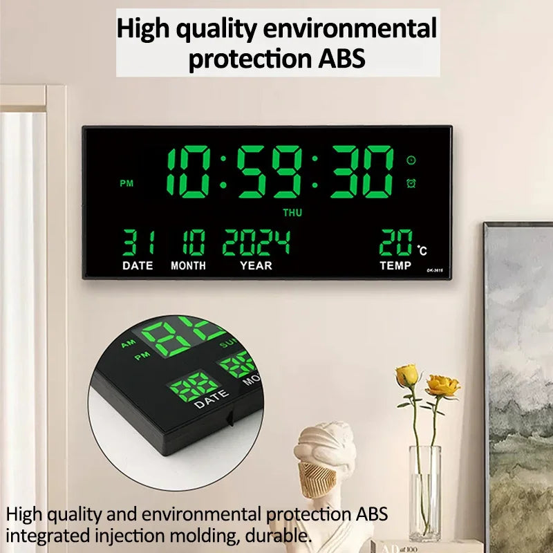 Digital Large Wall Clock Alarm Temperature Date Calendar Display 8 Sets of Alarm Clocks 14’’ Electronic LED Clock Plug