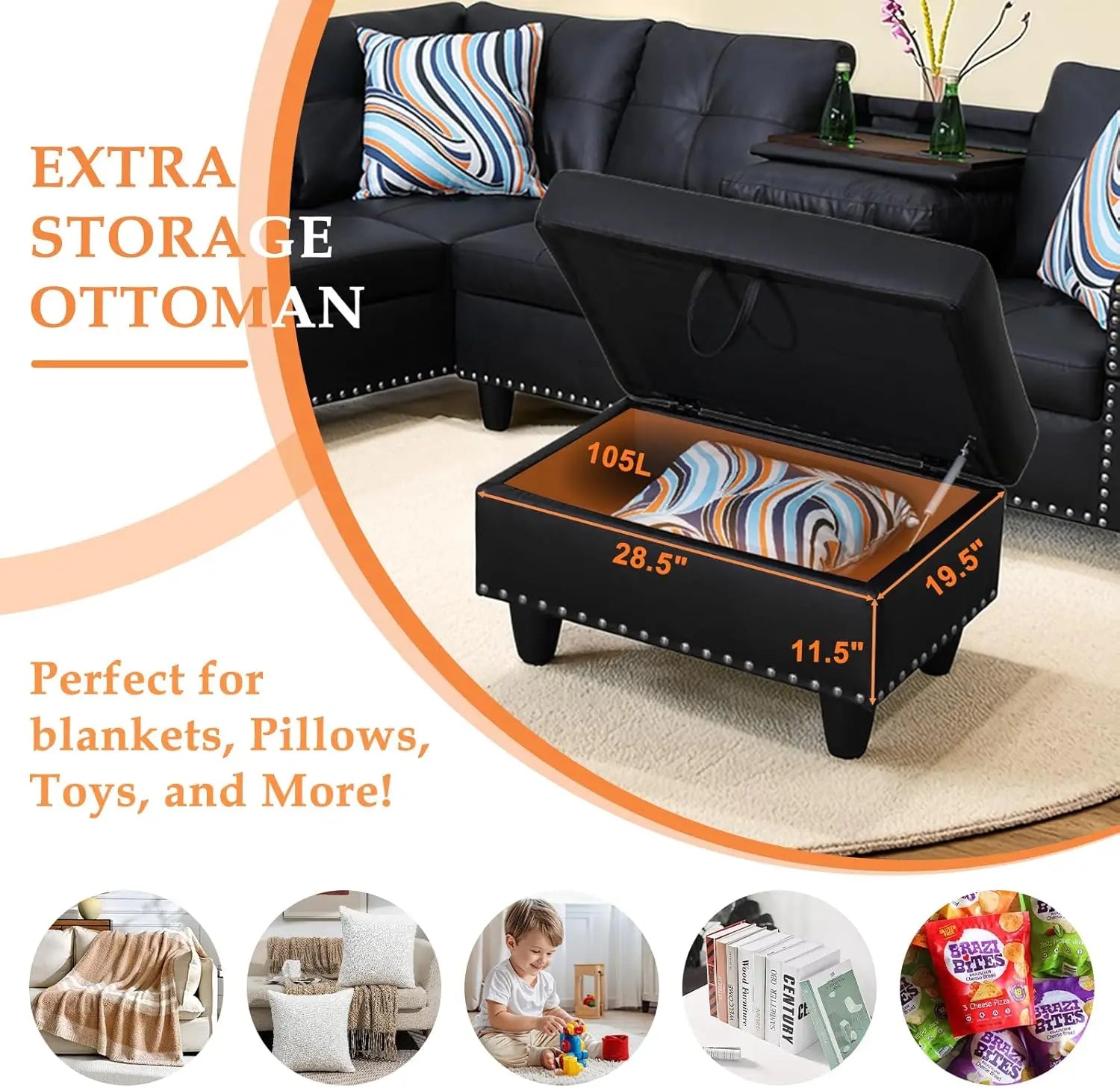 Sectional Sofa Couch Modern 4-Seaters Living Room Furniture Sets with Chaise Lounge Ottoman & 2 Pillows | L Shape Couch