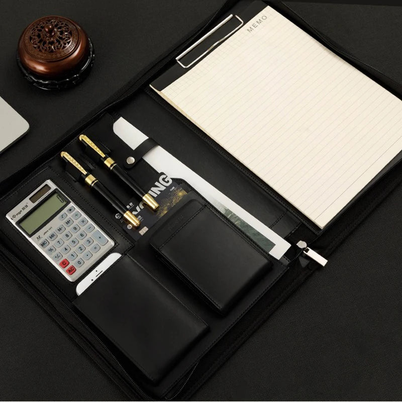 University A4 Leather Executive Portfolio Folder for Document Holder Organizer Business Briefcase Man Zipper Calculator