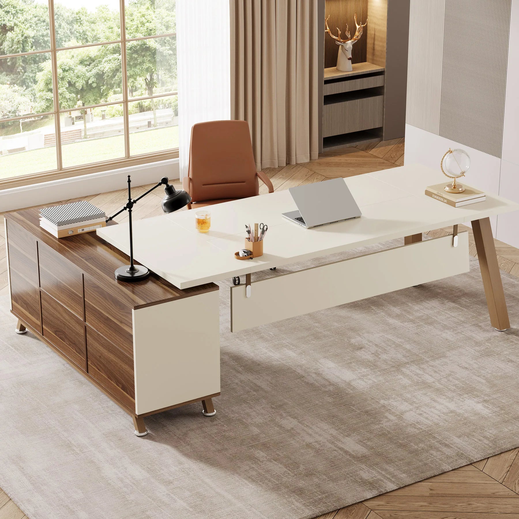 Tribesigns 78.7-Inch Executive Desk L-Shaped Desk with 55-Inch Cabinet Large Office Desk with Storage Shelves