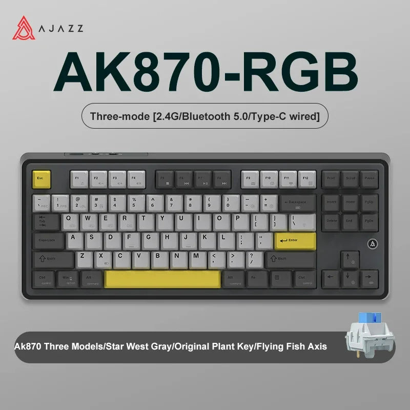 Ajazz Ak870 RGB Gaming Mechanical Keyboard Hot Swap 84 Keys Wireless Bluetooth 2.4G Wired Keyboards TFT FOR Desktop
