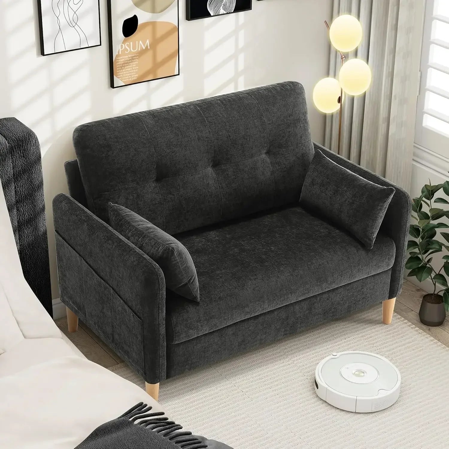 47” Small Couch for Living Room Chenille Fabric Love Seat Comfy Sofa for Bedroom with Throw Pillow Loveseat Sofa - Dark