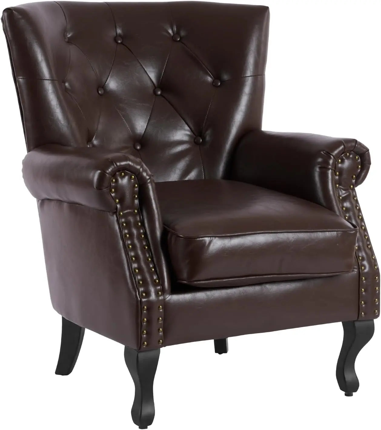 PU Leather Accent Chair Mid-Century Modern Armchair Living Room Club Chair with Tufted Button & Rivet Trim Upholstered
