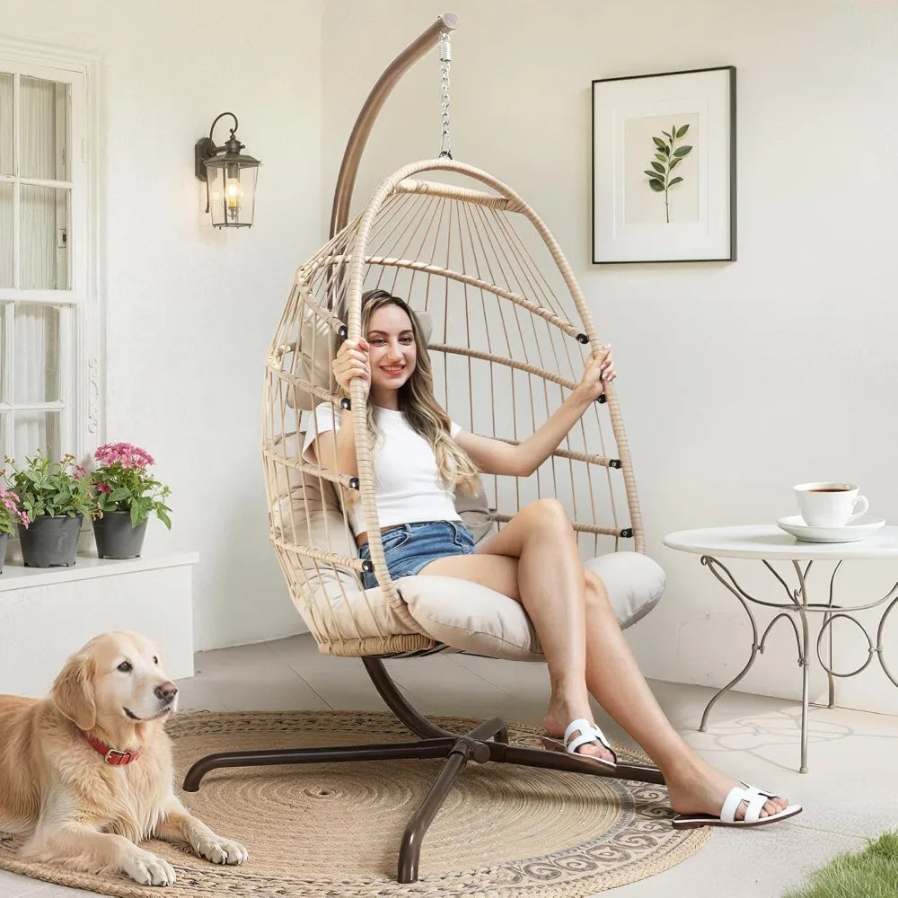 Cozy Hanging Egg Chair with Stand Indoor Outdoor Wicker Patio Basket Swing Chair with Cushion and Golden Legs 350lbs