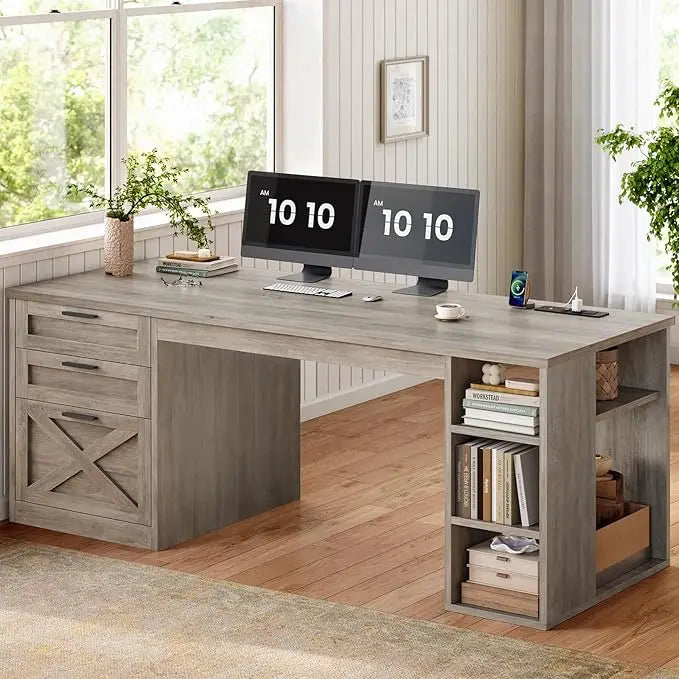 55.1’’ Farmhouse Office Desk with 3 Drawers Executive Desk with File Drawer & Storage Shelves Computer Desk with Power