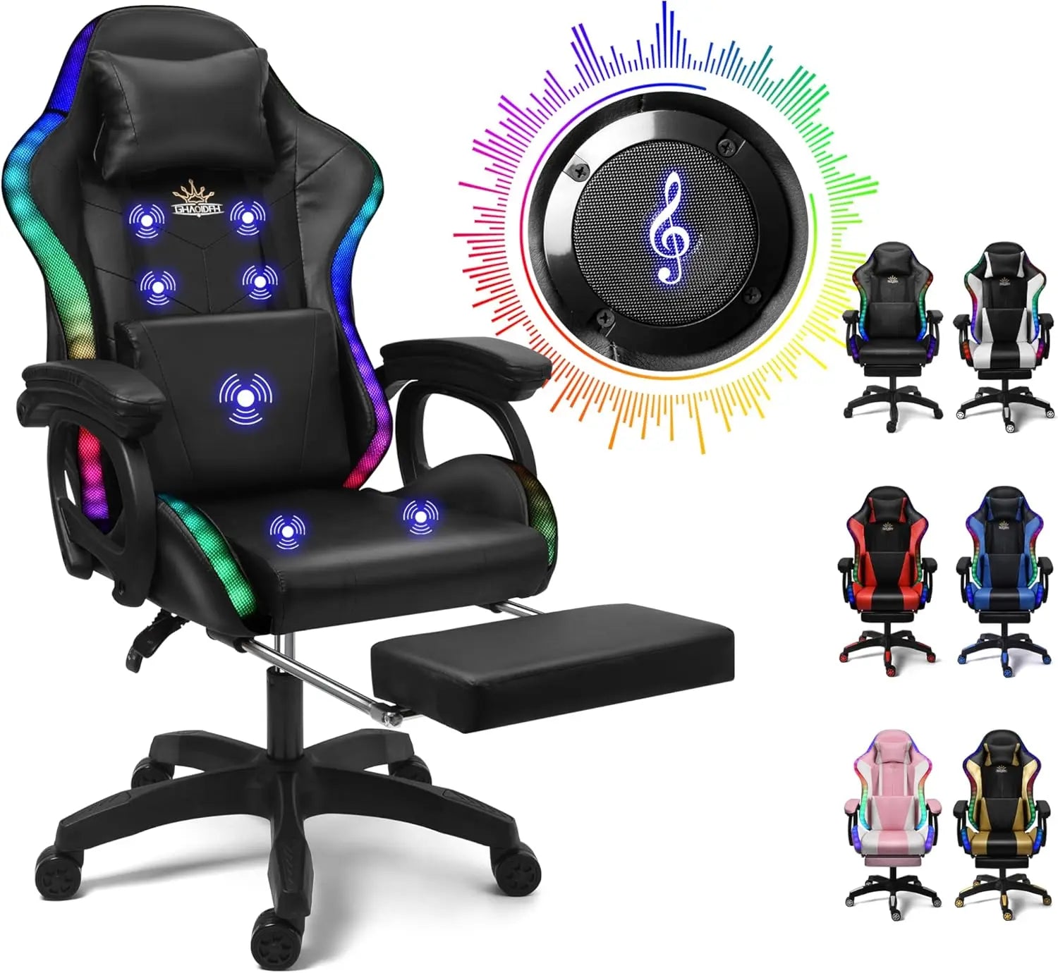 Gaming Chair with LED Lights and Speakers Ergonomic Pro Video Game Chair with Massage and Footrest for Adults Teens