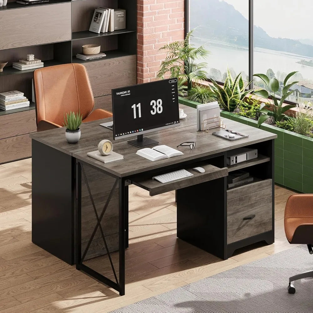 47 Small Desk with Drawers Home Office Computer Desk with Drawer Reversible Industrial Office Desk with Storage &