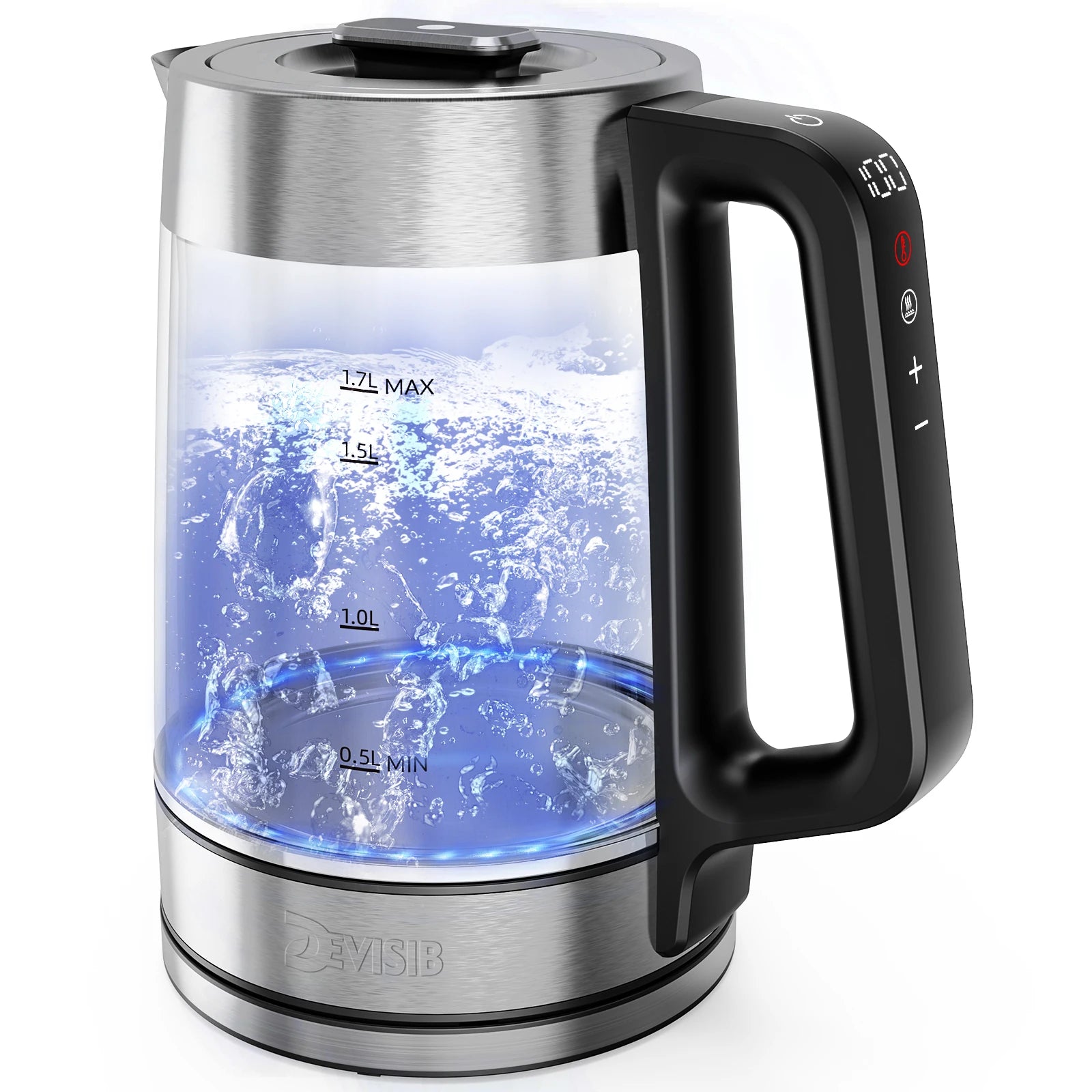 DEVISIB Dual Wall Cool Touch Electric Glass Kettle 1.7L/2200W Fast Boiling Temperature Control Real-time Display Auto