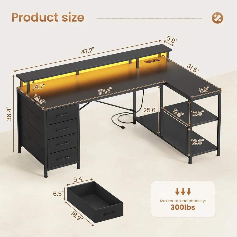 SEDETA L Shaped Desk with 4 Drawers and Storage Shelves L Shaped Gaming Desk with LED Lights & Power Outlets Computer