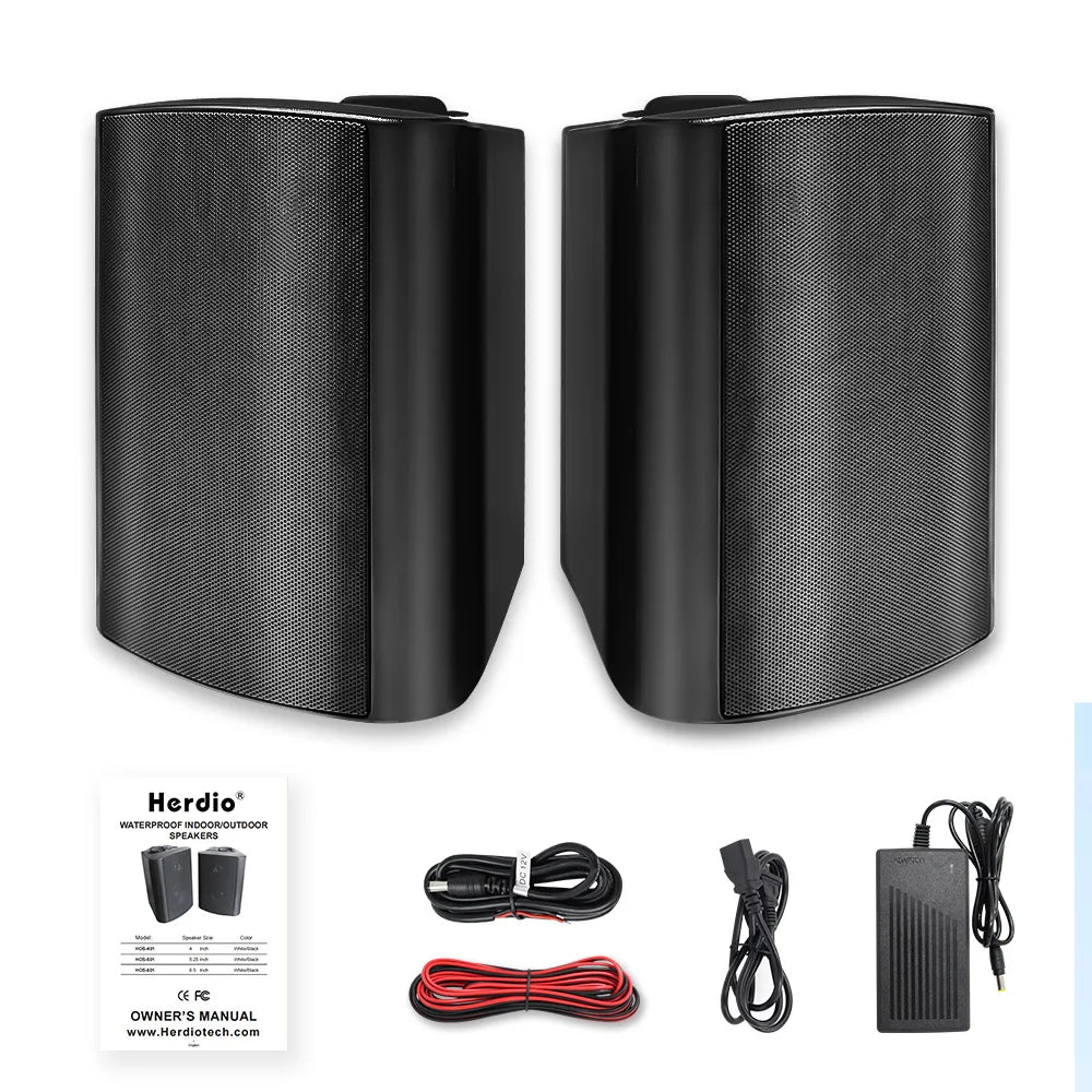 Herdio 5.25’’ 2PCS Indoor Outdoor Bluetooth Speakers Patio Waterproof Wired Wall Mount System 300 Watts Black