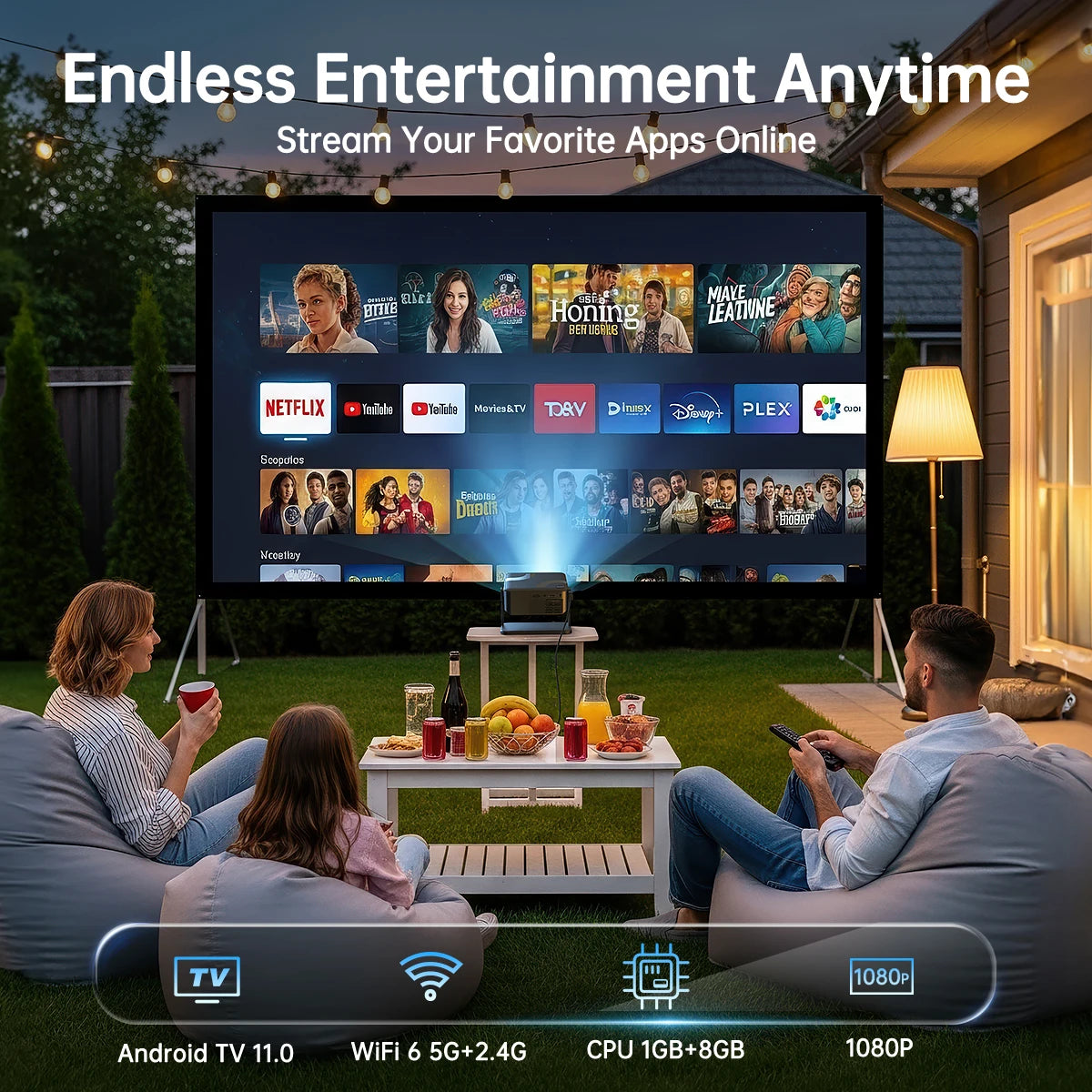 Portable 650ANSI Projector Native 1080P Android 11 Auto Focus & Keystone 4K 360° Rotate Wifi6 BT5.2 Airmouse Home