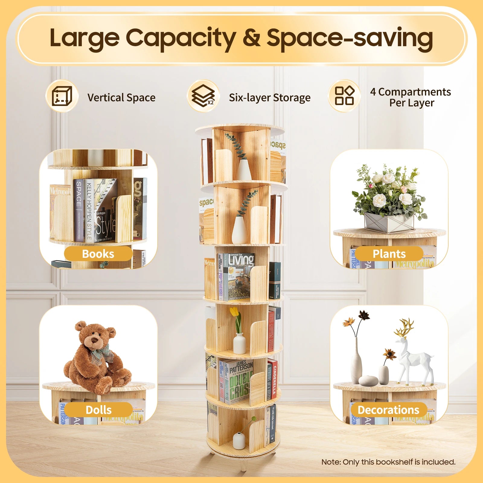 360° Rotating Bookshelf 6-Tier Kids Book Storage Organizer with Large Capacity for Living Room Study Nursery Wooden