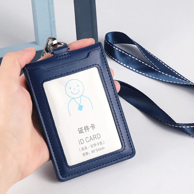 Cowhide ID Card Holder Business Document Case Leather Factory Staff Office Workers Badge Tag Cases with Lanyard