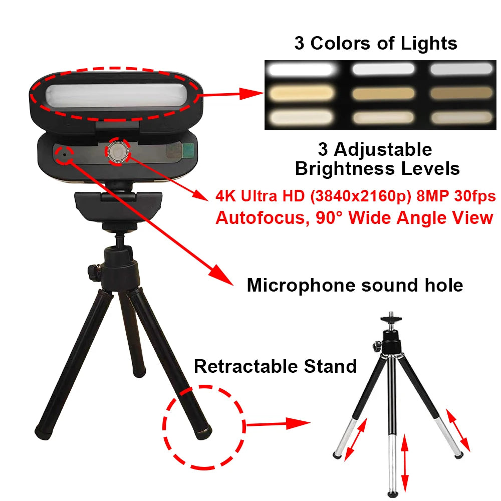 Full 4K HD Webcam LED Fill Light for Live webcast Meeting Gamer Camera Privacy Cover USB 3.0 Compatible Plug Work Auto