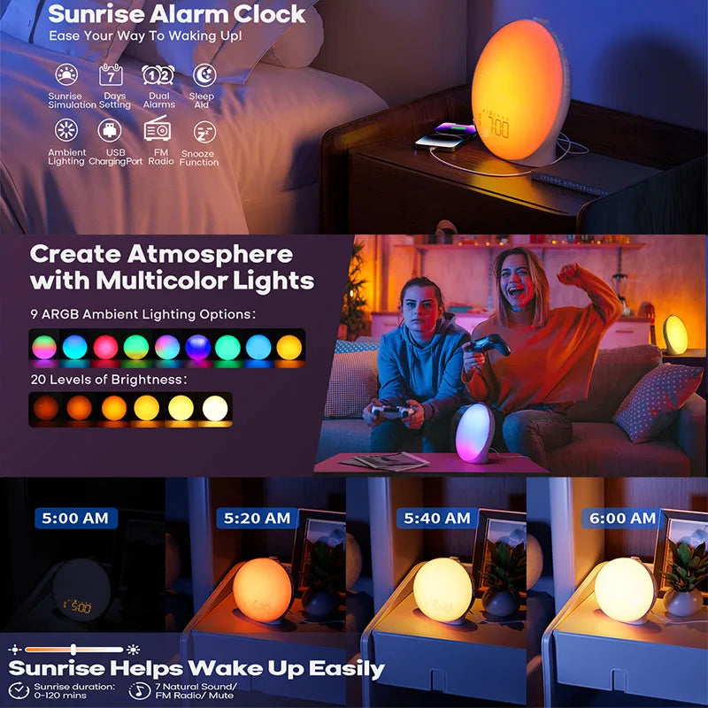 Wake Up Light Sunrise Alarm Clock with Night Light FM Radio Natural Sounds Desk Clock for Heavy Sleepers Bedroom Sleep