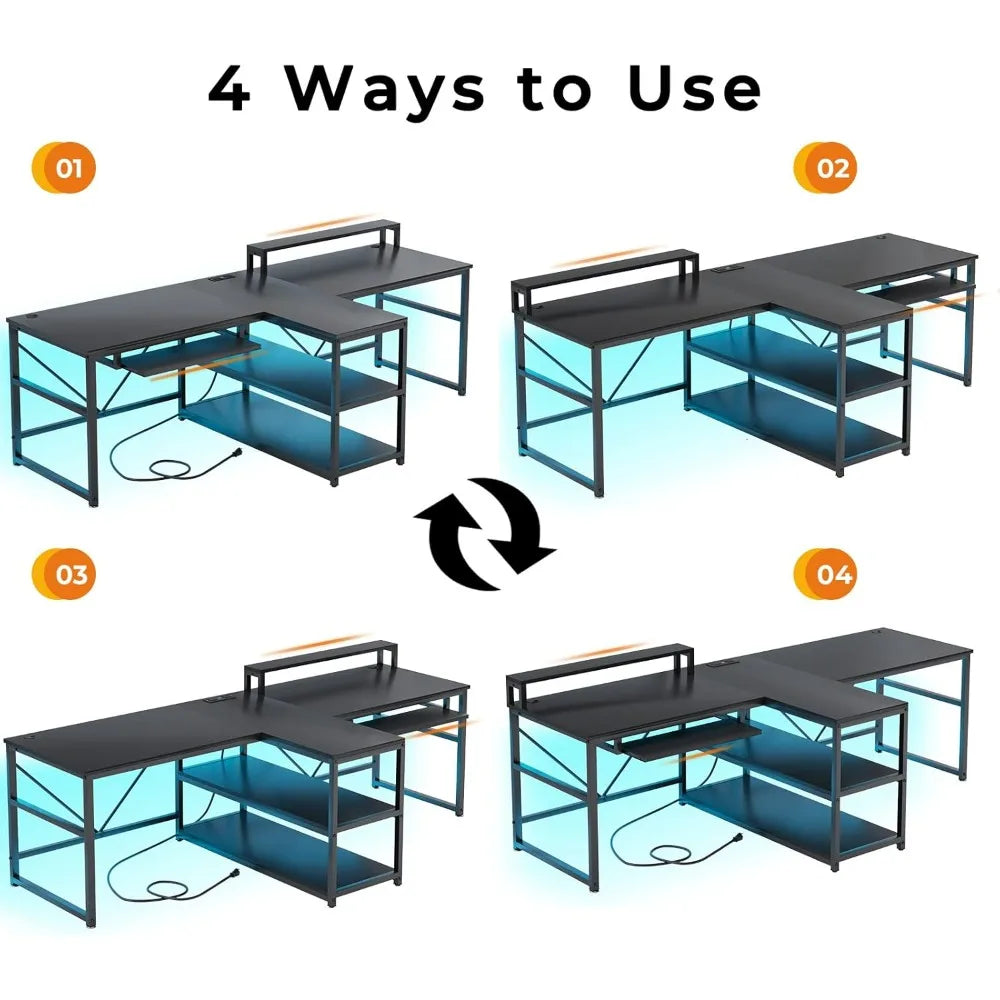 94.5’’ Office Computer Desk 2 Person Gaming Desk with Storage LED Lights Keyboard Tray Power Strip with USB & Monitor