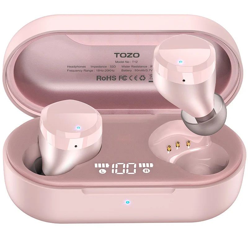 Refurbished TOZO T12 True Wireless Earbuds LED Display Bluetooth Headsets In Ear 10mm Driver Deep Bass HiFi Sound Stereo