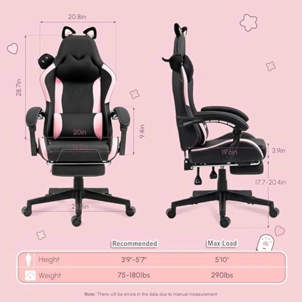 Gaming Chair Cute w/Cat Ears and Massage Lumbar Support 290lbs Ergonomic Computer Chair for Girl with Footrest