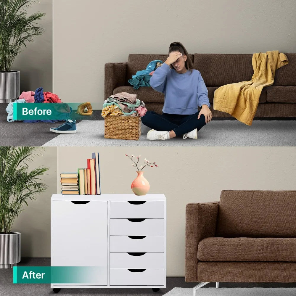 Amy 5 Drawer Chest Wood Storage Dresser Cabinet with Wheels Craft Storage Organization Makeup Drawer Unit for Closet